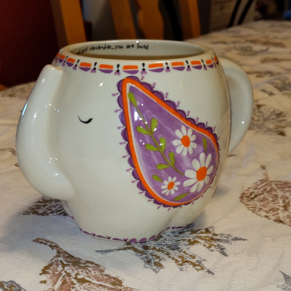 Natural Life Elephant Ceramic Mug "You Are Loved" Boho Paisley Sculpted Floral